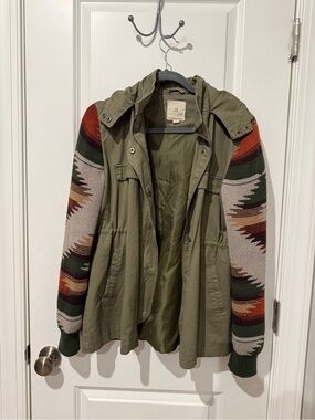 Thread & Supply Olive Green Field Jacket with Patterned Knit Sleeves